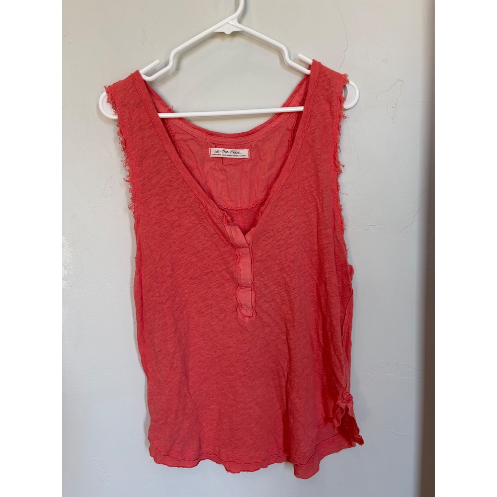 Free People We The Free Coral Pink Linen Blend Henley Tank Top XL Frayed Hem